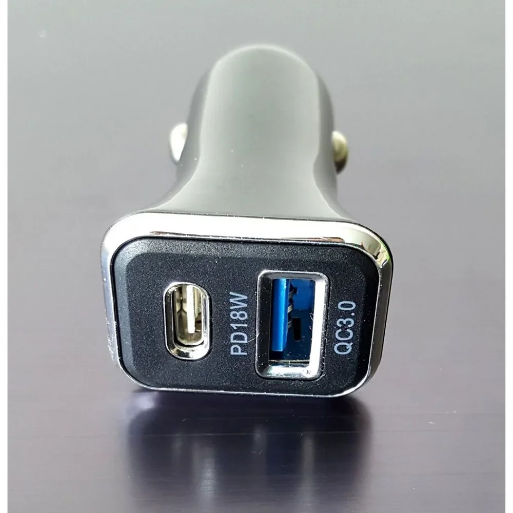Fast PD Car Charger Dual Port Black Type C Port and USB A Port QC 3.0 Quick Char